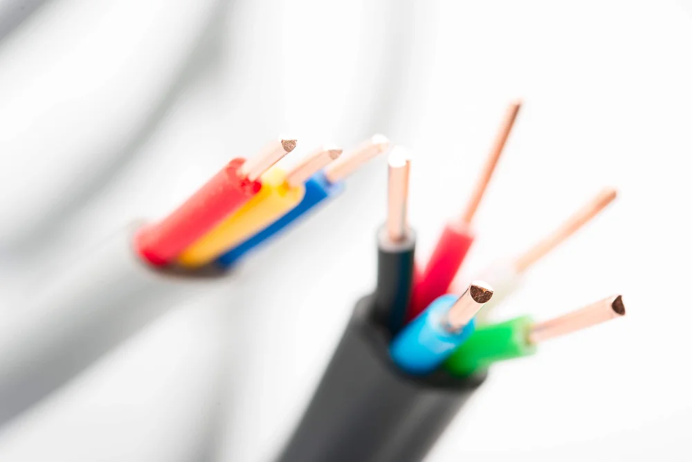 [Translate to Chinese:] a close-up photo of 2 open cables with different colored copper wires