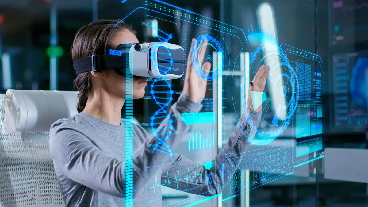 A woman wears vr glasses and touchs a digital board